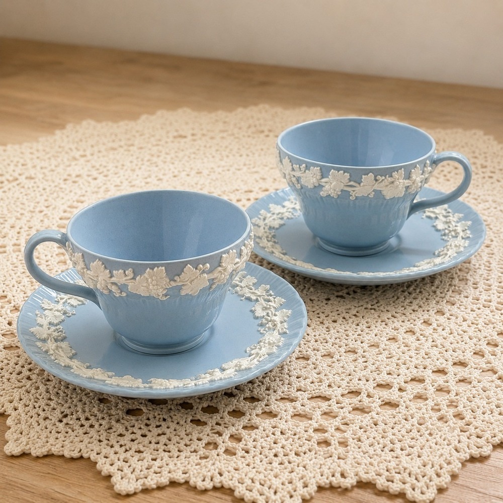 Wedgwood Embossed Queens Ware Blue Grapevine Cup Saucer Set #2243 Set 2 England